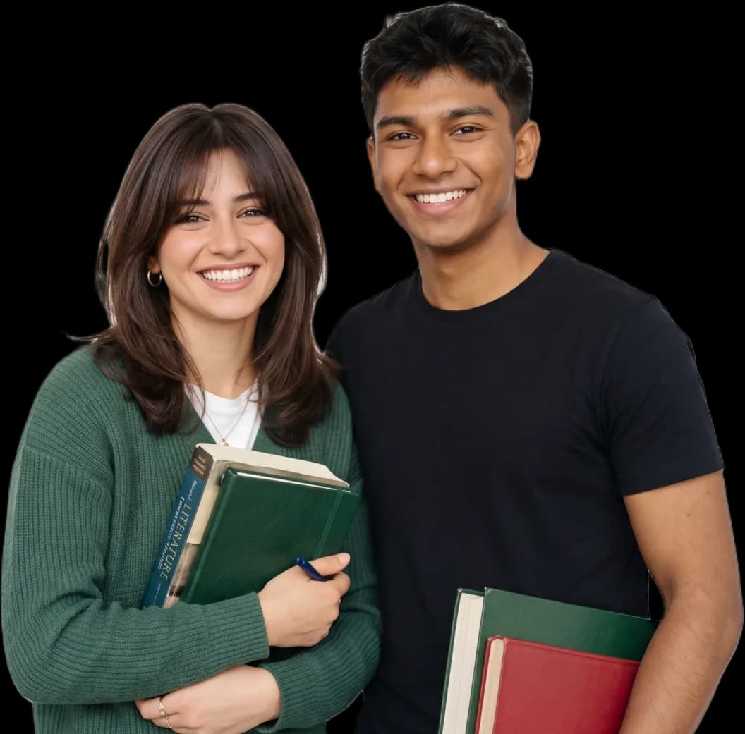 Two smiling pharmacy examination candidates holding study books